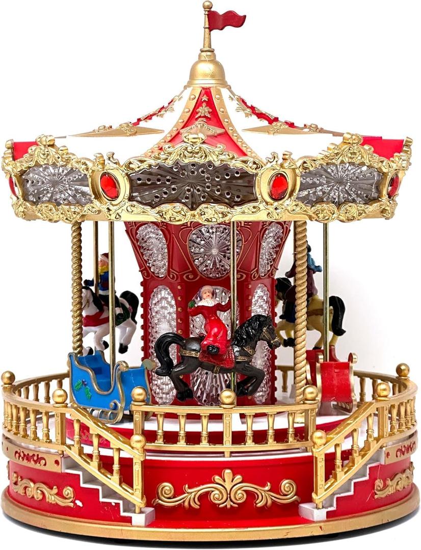 yadooom Christmas Carousel Music BoxRotating Merry Go Round with Lights for Christmas Village Display, Musical Decor for Holiday Home Tabletop Decorations