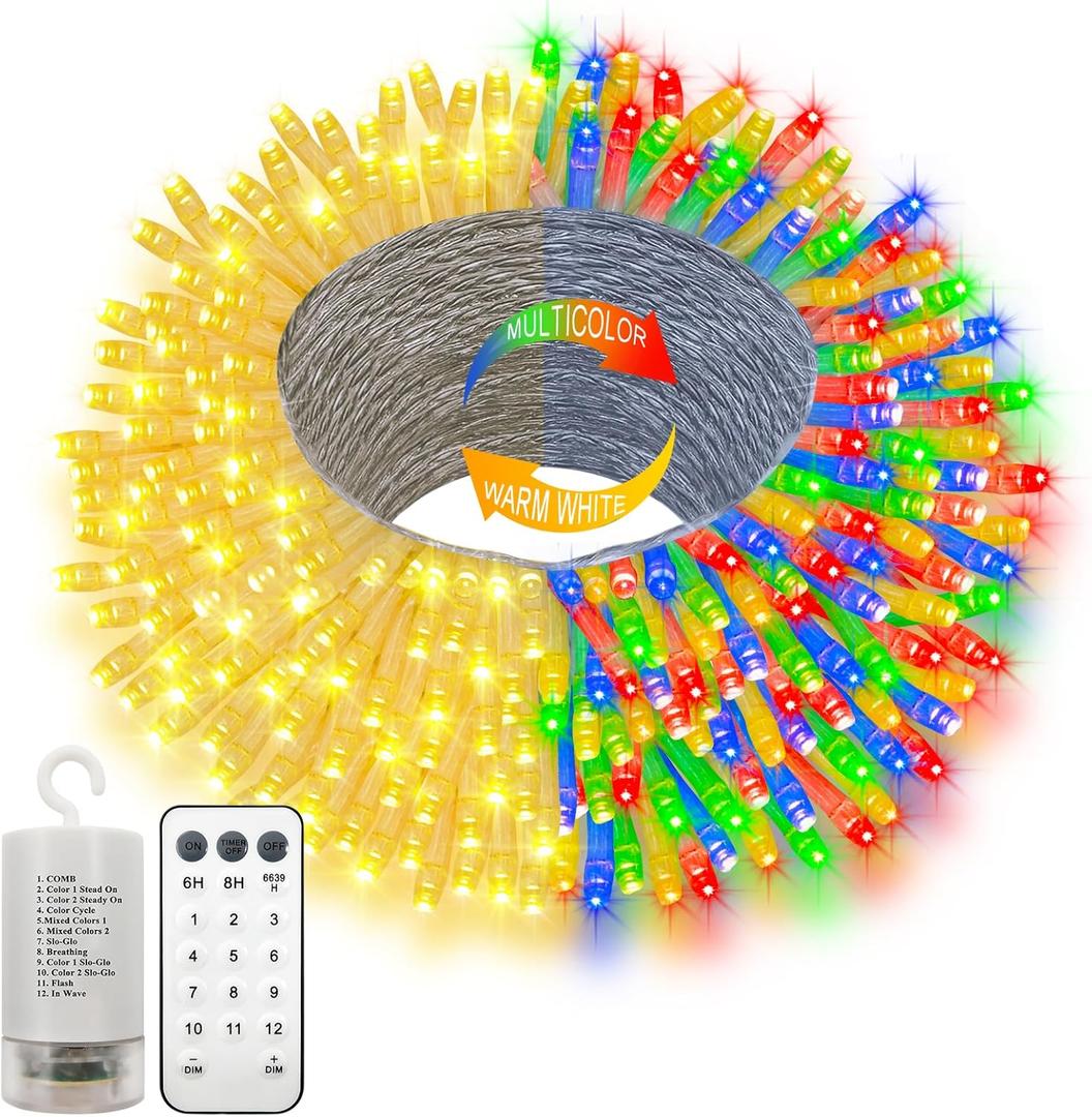 66Ft 200 LED String Lights Battery Operated, 12 Modes Christmas String Lights with Remote Timer Fairy Twinkle Lights for Indoor Outdoor Wedding Party Tree Decor(Multicolor) (Clear Wire - Multicolor)