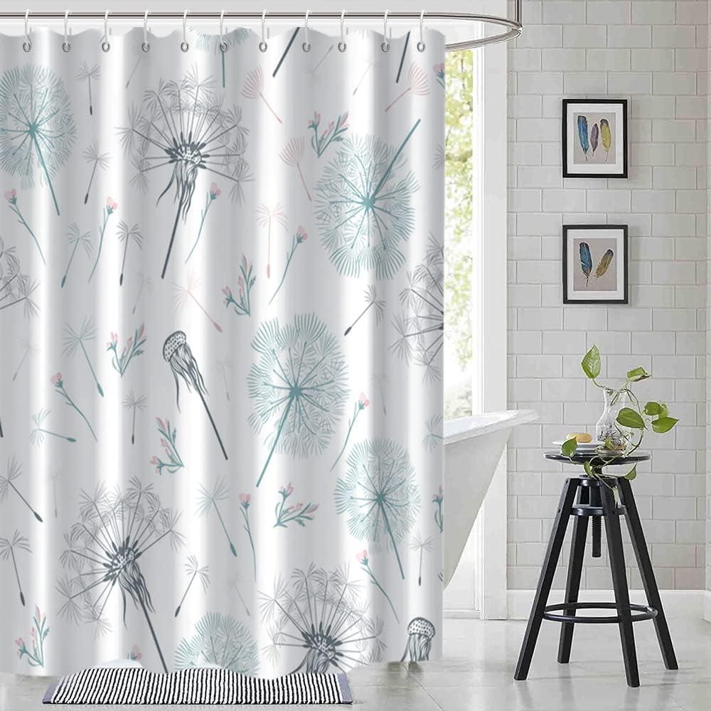 Dandelion Shower Curtain, Green and Grey Spring Shower Curtain for Bathroom Waterproof Fabric Wild Flower Shower Curtain Set with Hooks, 72x72 Inch (72"W x 72"L (Pack of 1))