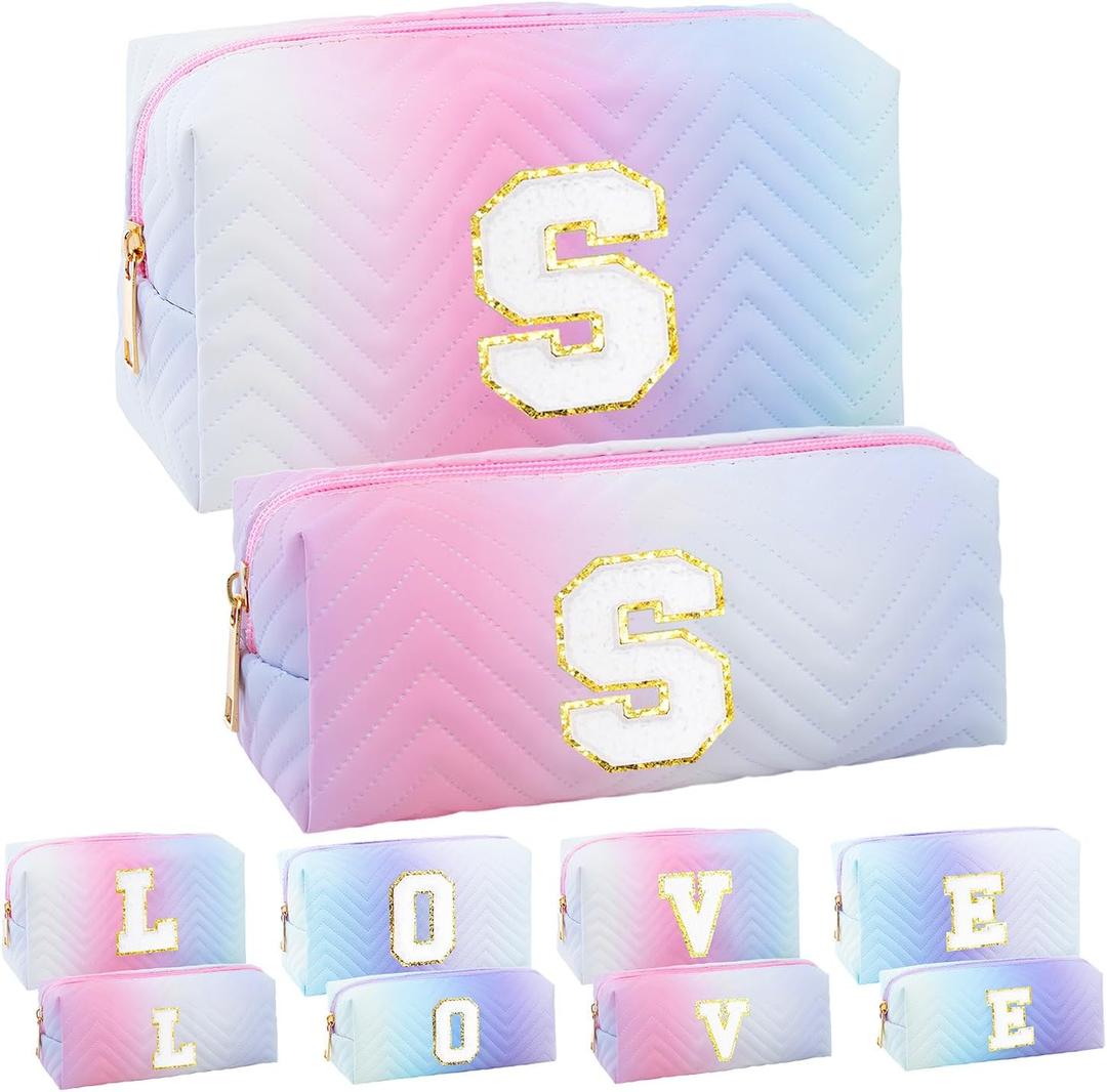 2-Pack Quilted Makeup Bag Set – Cute Cosmetic Pouch for Travel, Toiletries, Purse & Organizer – Large Small Zipper Makeup Bags, Personalized Initial Gift for Women, Teens, Girls, Pink S