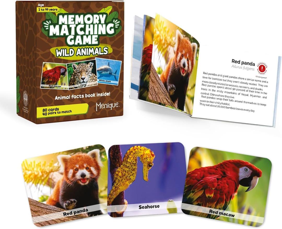 Menique Wild Animals Memory Matching Game 80 Cards (40 Pairs) with Real Photos Includes Educational Booklet with Animal Facts Fun & Cognitive Game for Kids and Adults