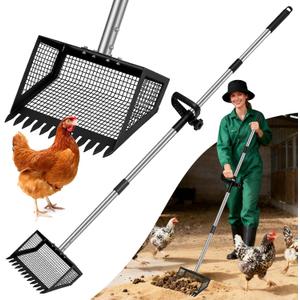 Chicken Poop Scooper & Rake 2-in-1,10" Metal Chicken Coop Scoop for Poop with 35" to 62" Adjustable Stainless Steel Handle,Litter Scooper & Sand Sifting Shovel for Chicken Coops,Farm Animals