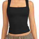 ATHMILE Tank Tops for Women Square Neck Sleeveless Double-Layer Tank Tops Basic Tight T Shirts L
