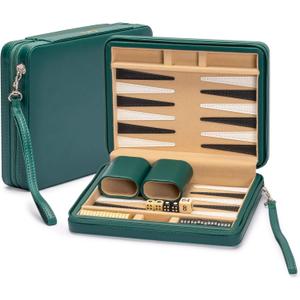 Yellow Mountain Imports Travel Size Backgammon Mini Game Set, Izmir - Magnetic Checkers and 9-inch Board in Sleek Leatherette Case - Classic Strategy Board Game (Green)