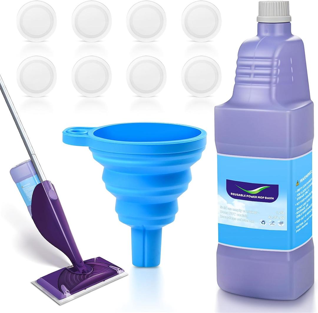 Upgraded Refillable Bottle for Swiffer Wet Jet Mop  1250ml /42.3 FL OZ, Leak-Proof HDPE Solution Refill Bottle with 8 Silicone Gaskets & 1 Funnel,Easy Install for Use with Any Cleaning Solution