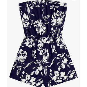 SweatyRocks Women's Off Shoulder Floral Print Playsuit Strapless Romper Short Jumpsuit, (Blue and White, Small)