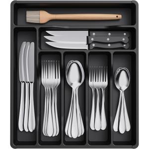Lifewit Silverware Drawer Organizer Tray, Plastic Cutlery Storage for Kitchen Drawer, Flatware and Utensil Holder Divider for Spoons Forks Knives Tableware, 7 Compartment, Black (12.3 x 14.2 inch (7 Slots))