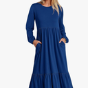 ANRABESS Long Sleeve Midi Dresses for Women Casual 2026 Spring Crewneck A Line Tiered Flowy Loose Trendy Dresses with Pockets Size L