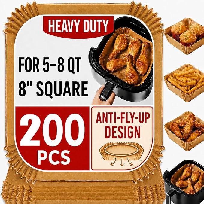 Air Fryer Liners Disposable, 8 Inch Square Parchment Paper for Air Fryer with Reusable Safety Ring, 200 Pcs Non-Stick Air Fryer Accessories