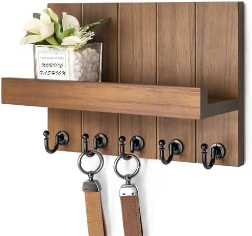 Rebee Vision Decorative Key Holder for Wall - Rustic Key Hooks with Shelf and Mail Organizer Wall Mount for Farmhouse Wall Decor Living Room - Home Essentials for New Home (Brown, 3.54" x 10" x 7.28")