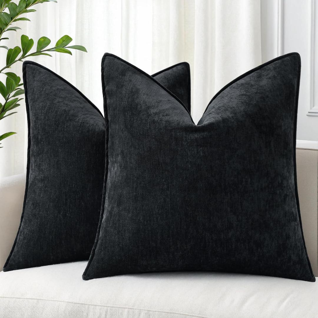 decorUhome Summer Couch Euro Sham Throw Pillow Covers 24x24 Set of 2, Decorative Soft Velvet Modern Cozy Chenille Pillow Cases with Elegant Design for Sofa Bed Living Room Home Decor, Black