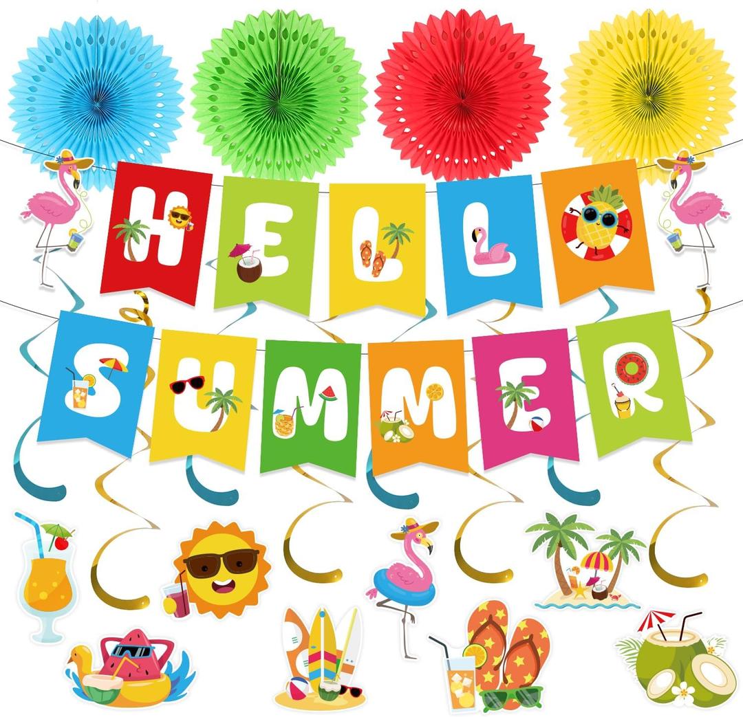Summer Party Decorations, Hello Summer Banner Beach Pool Party Decorations with Hanging Swirls and Paper Fans for Home, Office, School, Classroom