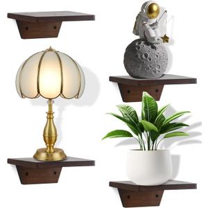 PHOENANCEE Small Floating Shelves,Speaker Shelf,Trapezoid Wall Shelf for Table Lamp Plants Display,Decorative Wood Ledges Chic for Living Room,Bedroom,Kitchen,Office,Pine,8x6 Inch,4 Pack(Walnut)