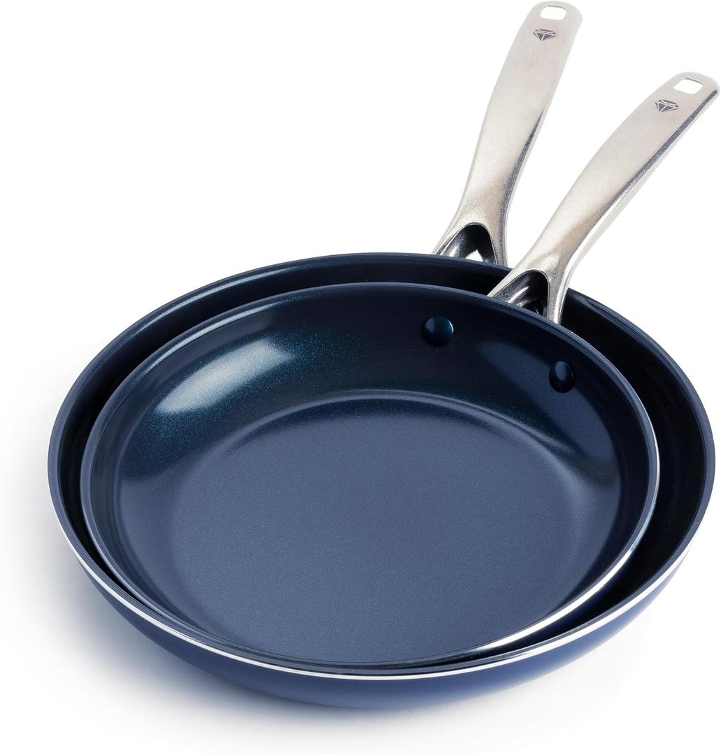 Blue Diamond 9.5 & 11" Frying Pan Skillet Set, Diamond Infused PFAS & PFOA-Free Ceramic Nonstick Pots & Pans, Durable Non Toxic Metal Utensil Safe & Scratch Resistant, Dishwasher & Oven Safe, Blue (9.5" and 11" Frypan Skillet Set)