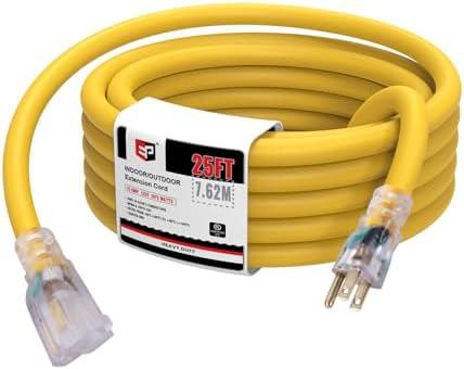 EP 25 Ft Lighted Outdoor Extension Cord - 10/3 SJTW Heavy Duty Yellow Extension Cable with 3 Prong Grounded Plug for Safety, UL Listed