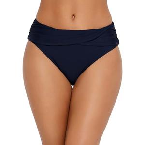 Bonneuitbebe Women Full Coverage Bikini Bottoms Mid Rise Swim Bottom Navy Blue Tummy Control Ruched Swimsuit Bottoms Large
