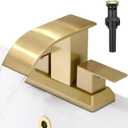 Hoimpro 3 Holes 4 Inch Bathroom Faucet, Waterfall Brushed Gold Bathroom Faucet Two Handles Centerset Bathroom Sink Faucet Vanity Sink Faucet with cUPC Supply Hoses and Pop Up Drain