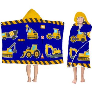 Excavator Hooded Beach Towel for Boys, Soft & Absorbent Truck Excavator Poncho Towel, 30x50 Construction Truck Bathrobe for Kids Cool Cartoon, Quick Dry Swim, Pool, and Bath Time