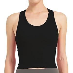 SIXIM Women Ribbed Workout Crop Tops with Built in Bra Yoga Racerback Tank Top Tight Fit, Black Medium