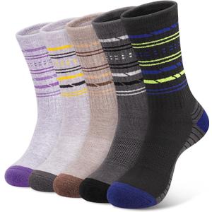 5 Pairs Womens Merino Wool Hiking Socks Winter Warm Crew Moisture Wicking Thick Cushioned Striped Boot Socks, Multicolor