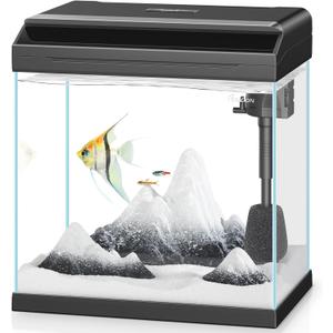 PONDON 4 Gallon Fish Tank with Detachable Lid, Low-Iron Glass Aquarium Starter Kit with LED Light, Beginner-Friendly Betta Aquarium with Removable Filtration