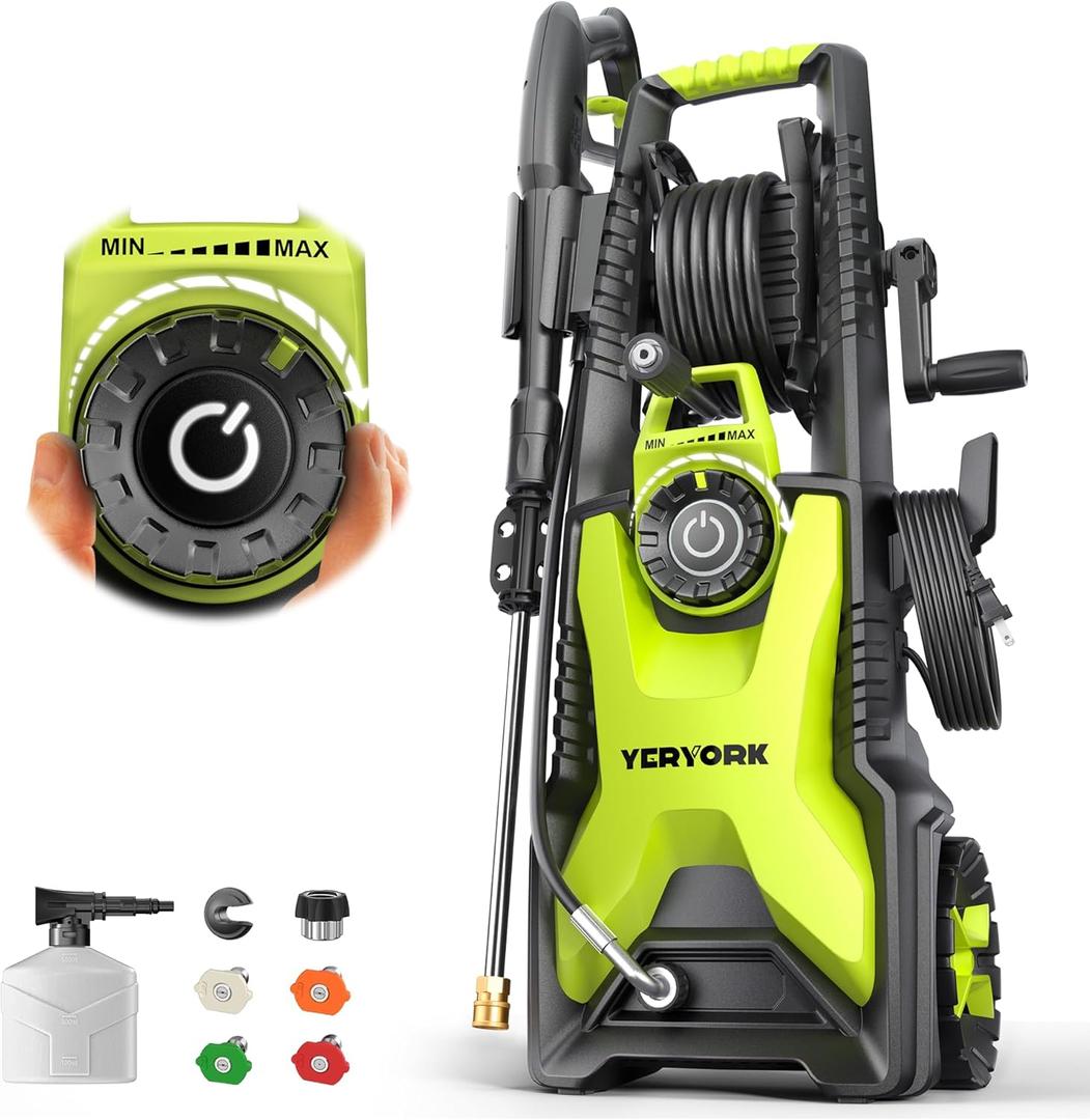 Pressure Washer, Adjustable PSI 2.5 Max GPM, Power Washer with 33 FT Hose Reel, Steel Wand, 500ml Foam Cannon, 4-Nozzle Set, Electric Pressure Washer for Cars, Fences, Patios