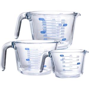 Kitchen Glass Measuring Cup Three-Piece Set, Measuring Jug with Scale,Egg BeaterFlour Measurers Dishwasher Safe (250ml/1Cup, 500ml/2Cup, 1000ml/4Cup)(Transparent)
