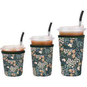 3 Pack Iced Coffee Sleeve Reusable - Neoprene Insulated Cup Sleeve for Cold and Hot Drinks 16-32oz, Keeps Hands Dry and Drinks Cold - Vintage Bloom