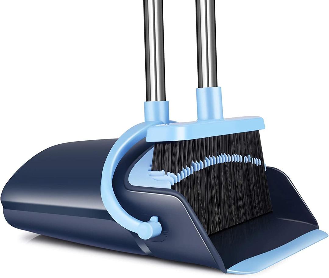 Broom and Dustpan Set for Home 2026 Indoor Outdoor Broom with Dustpan Combo Set Upright Dust Pans with Long Handle Angle Broom for Kids Garden Pet Hair Lobby Wood Floor Kitchen (Dark Blue)