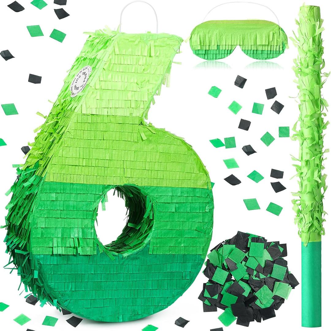 WinnerWhy Number Piata Decorations 16 Inch Gradient Green Piata with Blindfold Stick and Confetti for Birthday Baby Shower Safari Jungle Themed Party Supplies Centerpiece(Number 6)