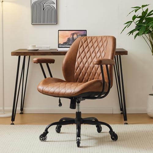 YFO Home Office Desk Chair Office Rubber Casters Ergonomic Computer Chair with Lumbar Support Adjustable Height Rolling Swivel Executive Task Armrests Chair, Brown Leather