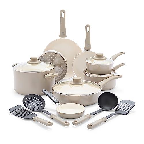 GreenLife Soft Grip 16 Piece Cookware Set, Non-Toxic PFAS-Free Ceramic Nonstick, Frying, Sauce, Saute, Utensils, Glass Lids, Stay-Cool Handles, Wobble Free, Dishwasher & Oven Safe, Taupe
