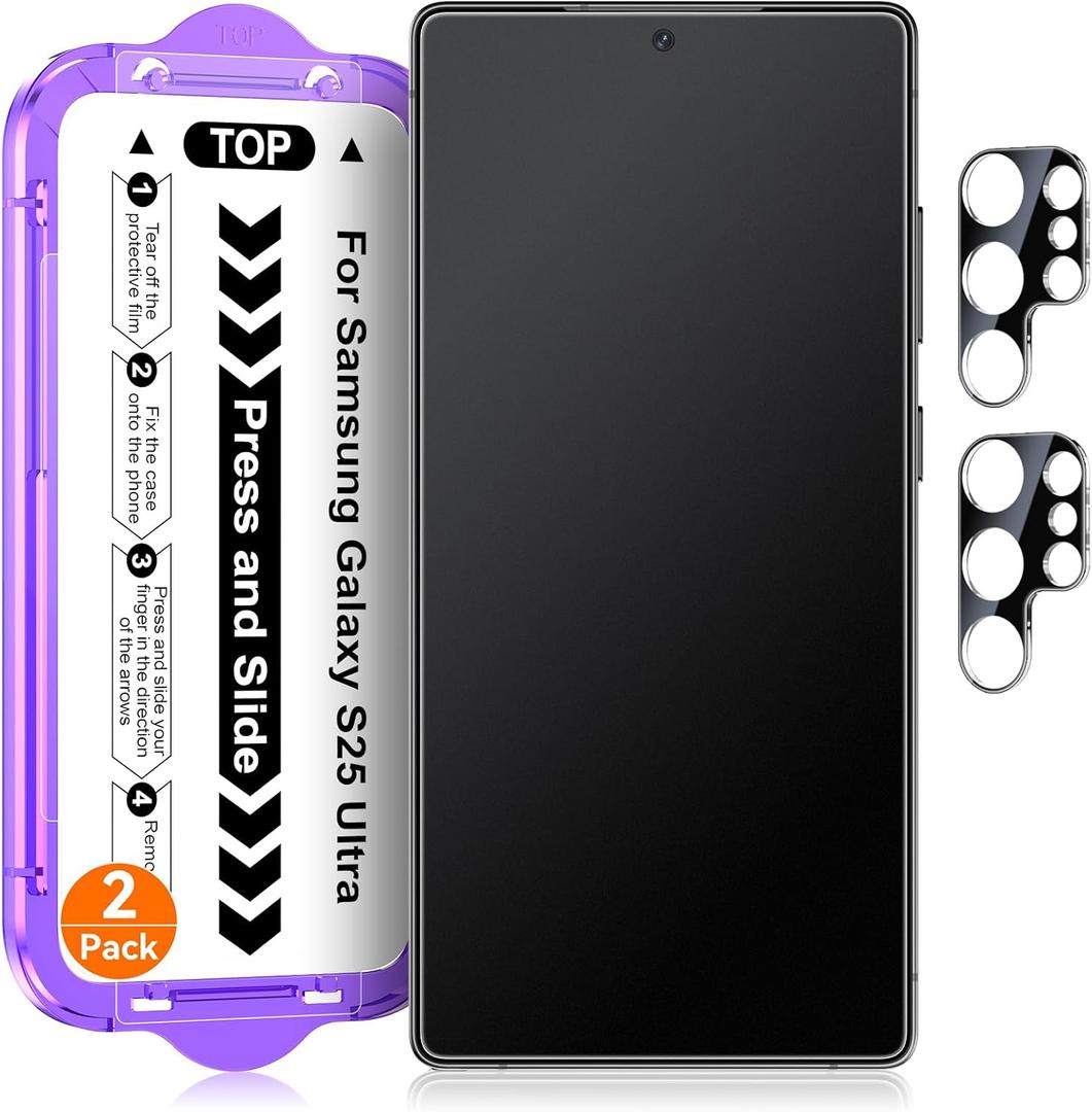 2 Pack for Samsung Galaxy S25 Ultra [6.9 Inch] Matte Glass Screen Protector + 2 Pack Camera Lens Protector with Easy Installation Kit, Anti-Glare No Dazzling Tempered Glass