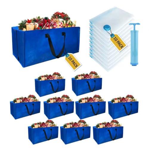 10 Pack Heavy Duty Extra Large Moving Bags with Backpack Straps & Vacuum Storage Bags, Moving Totes with Handles for Space Saving, Christmas Storage Bags for Wreaths, Garlands, Decoration & Ornaments