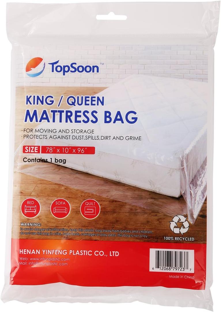 TopSoon Mattress Bag for Storage Mattress Disposal Bag King/Queen Size Clear (KING/QUEEN Economical 1.5 Mil Thick)