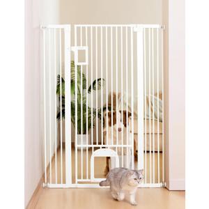 No Pawblems 55" Extra Tall Pet Gate with Adjustable Cat Door, 29-43" Auto Close Tall Dog Gate, NO Drilling Pressure Mounted for Doorways/Hallways, 1.37" Narrow Bar Spacing, White