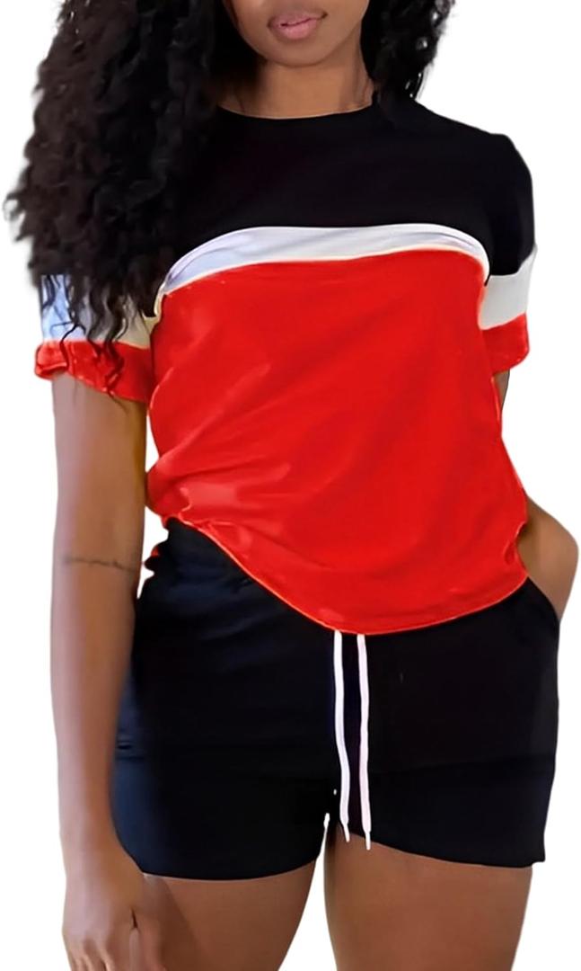 LovelyWholesale Neon Two Piece Outfit for Casual 2 Piece Tracksuit with Neon Shirt and Black Shorts Set (Large, Red)
