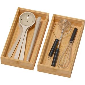 Bamboo Drawer Organizer - Silverware & Utensil Organizer, Stackable, 2 Pcs, Wooden Storage Box Tray (Bamboo, 12 X 6 X 2 Inch) (Yellow)