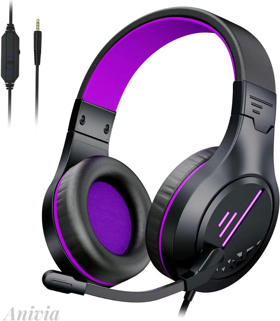Anivia Gaming Headset with Microphone for PC Computer, Wired Over-Ear Game Headphones with Mic, Compatible with PS5, PS4, Xbox, Black Purple