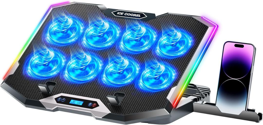ICE COOREL Gaming Laptop Cooling Pad with 8 Cooling Fans, Laptop Fan Cooler Pad for 1517.3 Inch, Notebook Cooler Stand with 6 Height Adjustable, RGB Cooling Pad with Two USB Port + Phone Stand