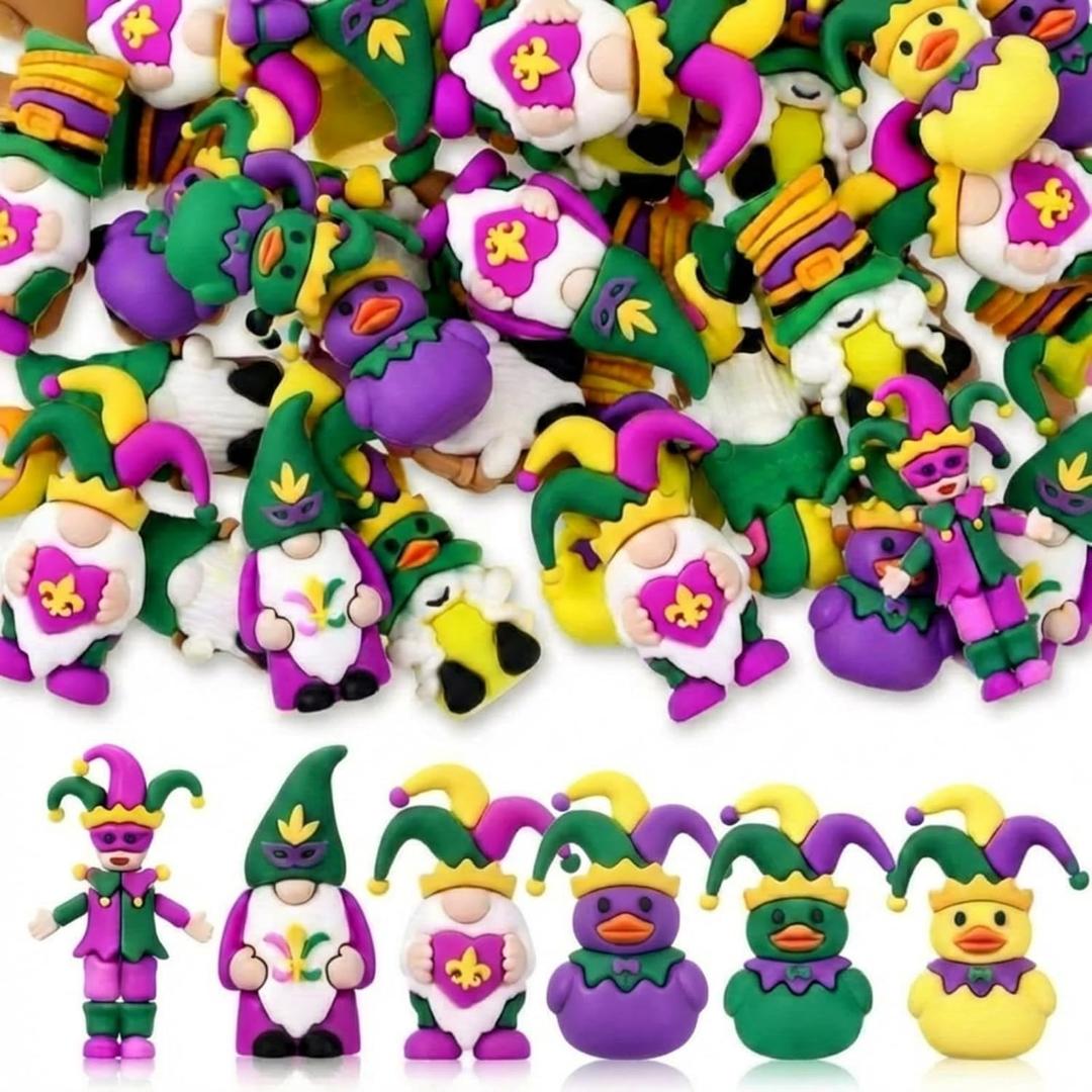 50 Pcs Mardi Gras Mini Gnomes Figurines Decorations Small Rubber Gnomes Figurines Purple Green Gold Miniature Ornaments for Adults Mardi Gras Carnival Party Favors Decor