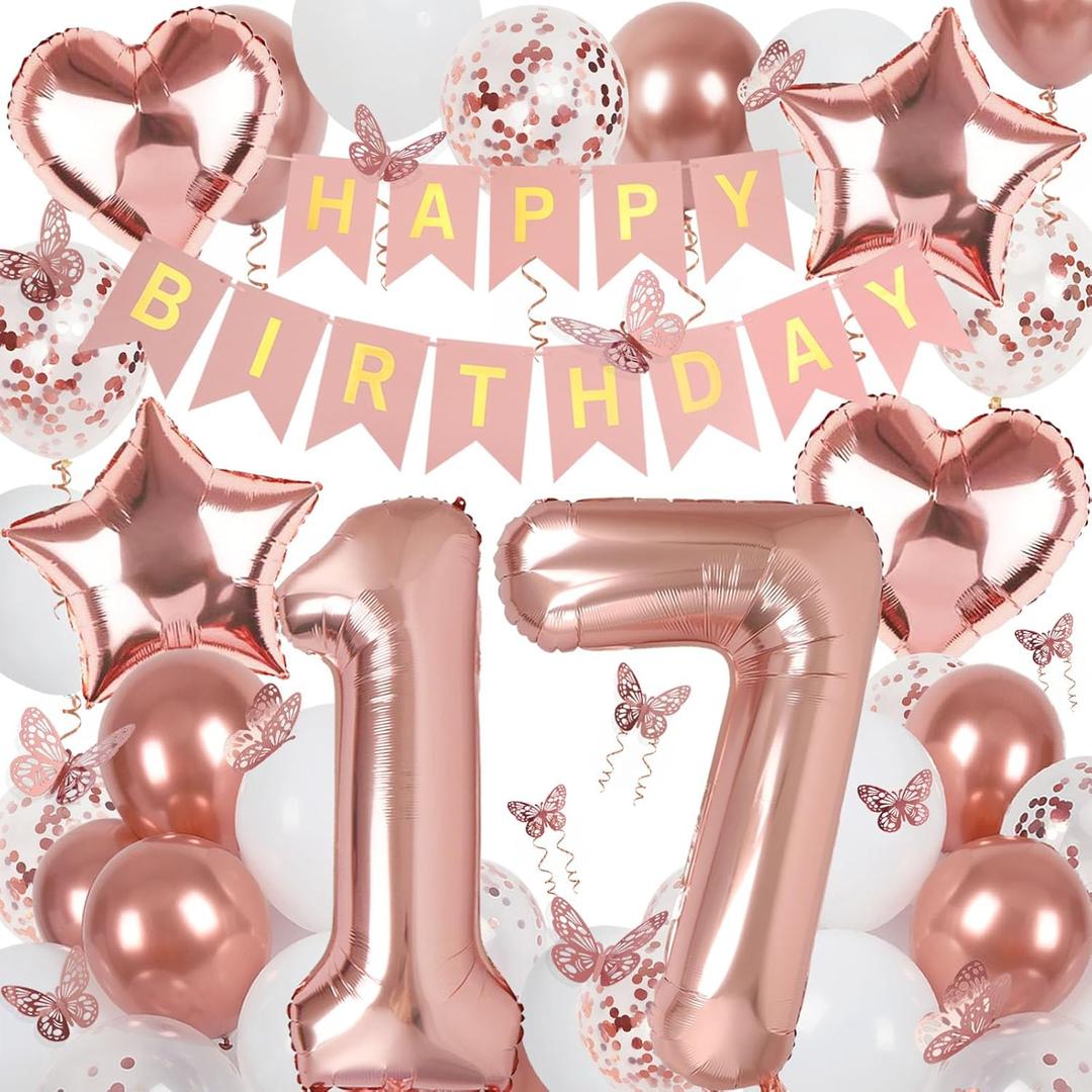 Rose Gold 17th Birthday Decorations for Girl, 17 Year Old Sign with Happy Birthday Banner, 40In Number 17 Foil Birthday Balloons, Butterfly Decorations, Heart and Star Balloons