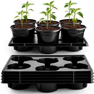 RooTrimmer 6 Inch Plastic Plant Pots 30 Pack and 6 Cell Nursery Pots Trays 5 Pack, Sturdy Seeds Starting Germination Shuttle Carrying Trays, Black Nursery Planting Propagation 5 Sets