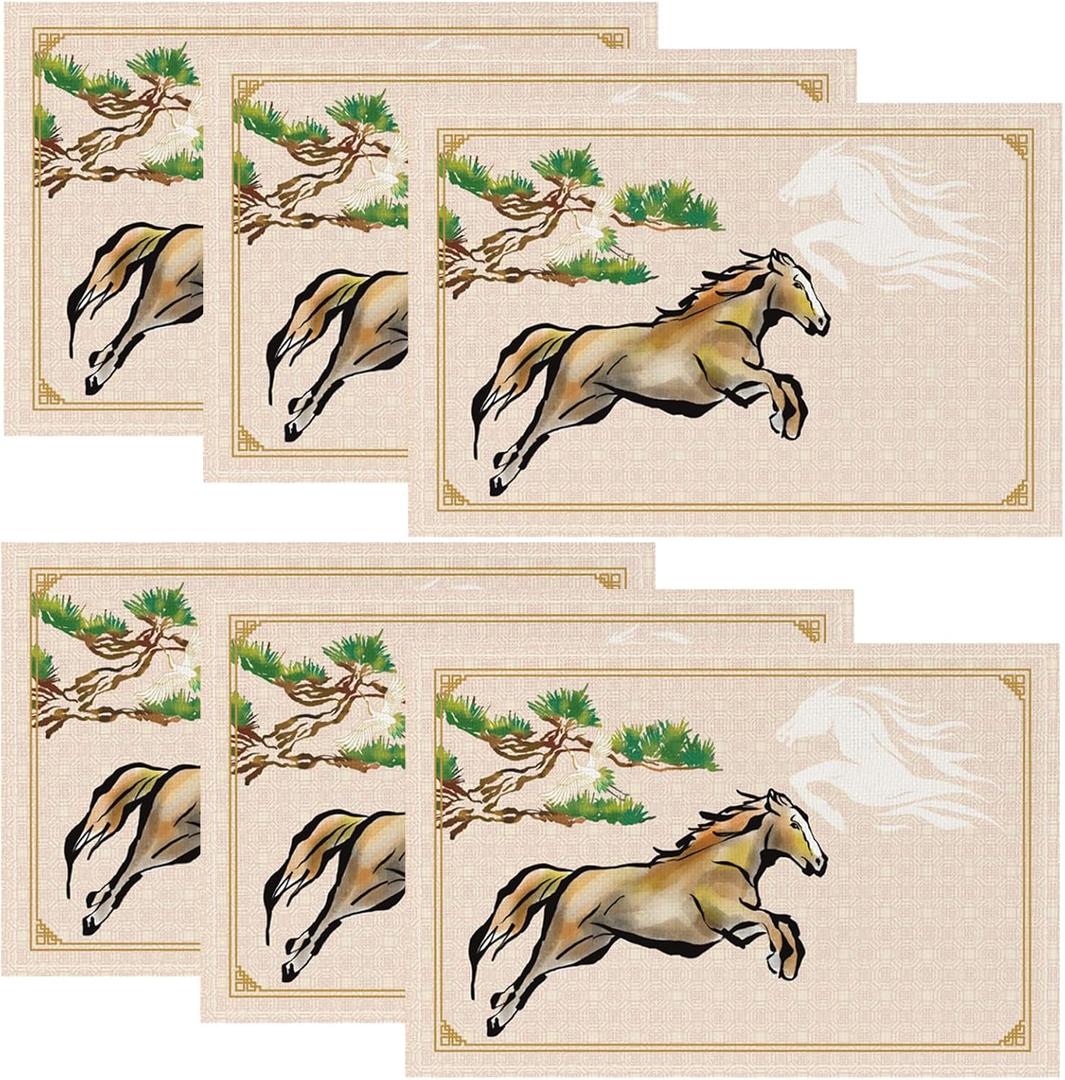 Chinese New Year Placemats Set of 6 Year of The HorseTable Mats 2026 Spring Festival Lunar New Year Placemats for Holiday Party Kitchen Dining Decoration (Watercolor)