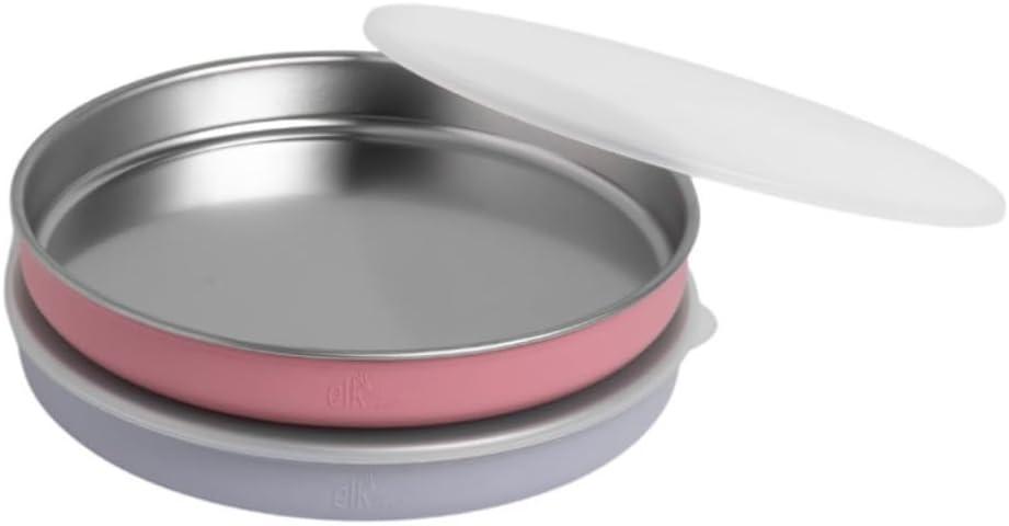 Elk and Friends 7.8 Stainless Steel Non Divided Plates with Silicone Sleeve + Storage Lid | Baby, Toddler, Kids | Dishwasher Safe | Dinner & Snack Plates | 2 Pack (BLUSH/LILAC)