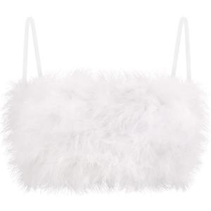 TYNORA Women's Faux Fur Crop Top Spaghetti Strap Tube Tops Strappy Cami for Concert Club Party (White) Large