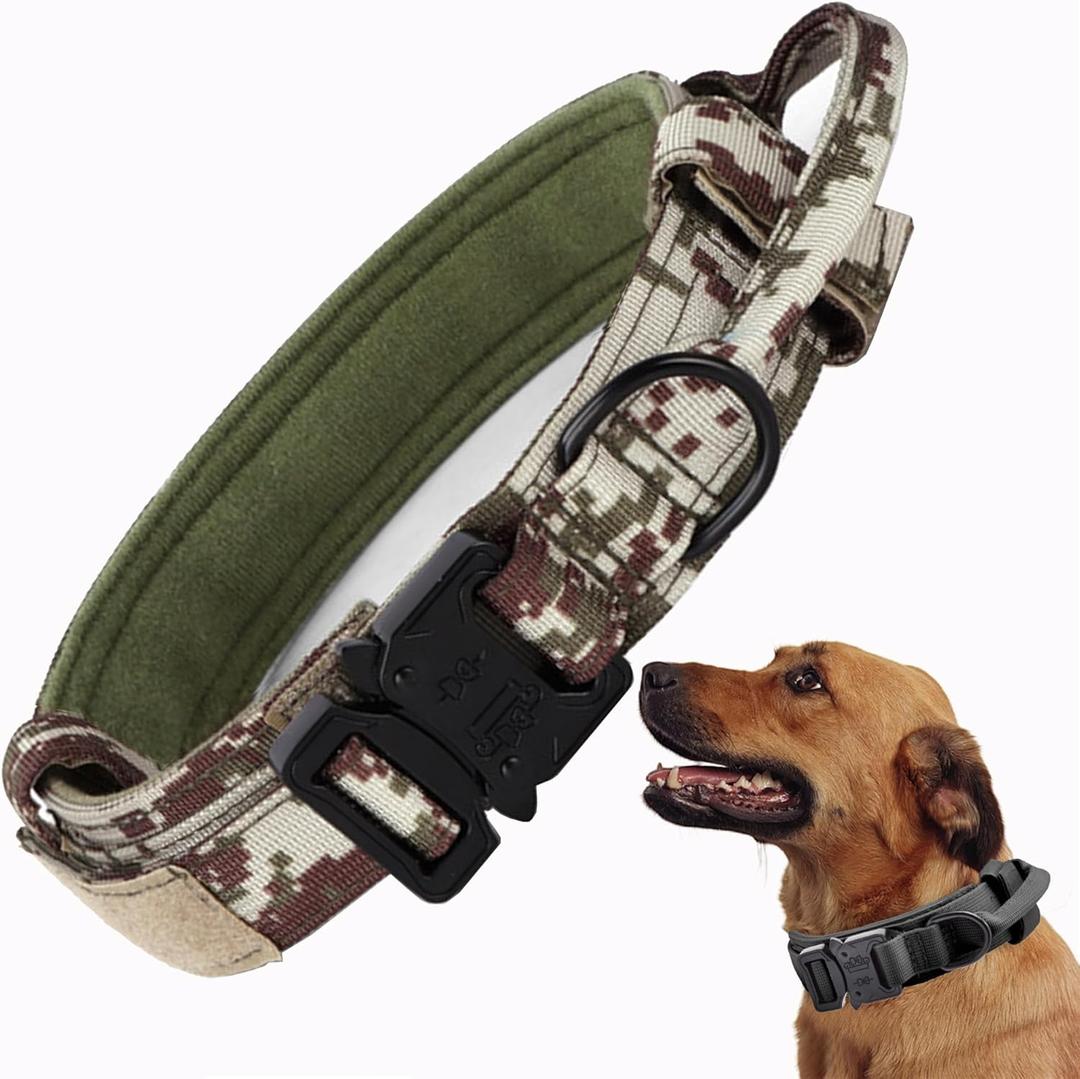 Tactical Dog Collar, Adjustable Military Training Nylon Dog Collar with Control Handle and Heavy Quick-Release Metal Buckle for Large Dogs, Camo XXL