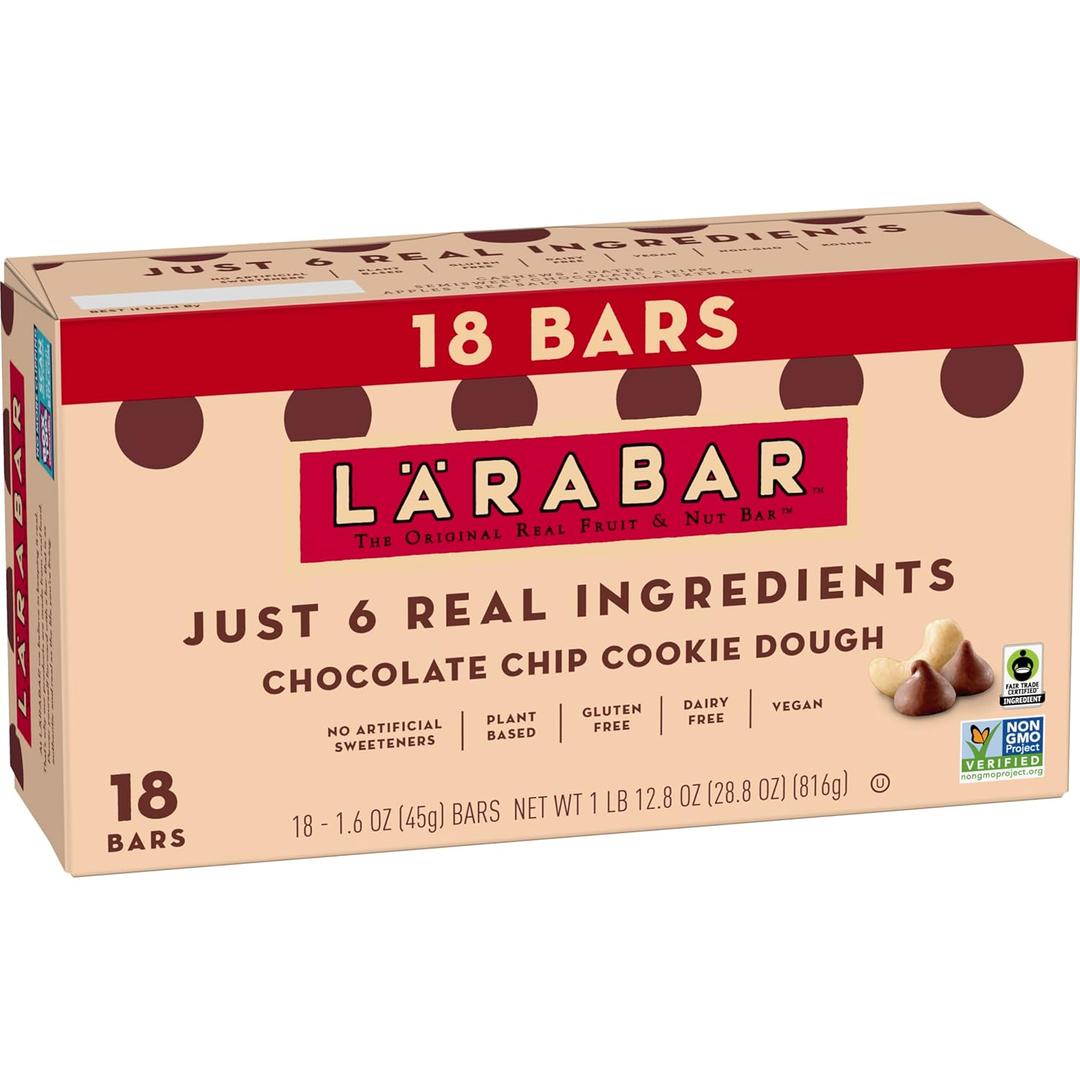 Lrabar Chocolate Chip Cookie Dough Vegan Gluten Free Fruit & Nut Bar, Plant Based, Dairy Free, Kosher, Non-GMO, 18 Ct (1.6 Oz Each) Made With 6 Simple Ingredients, No Artificial Sweeteners, On-The-Go