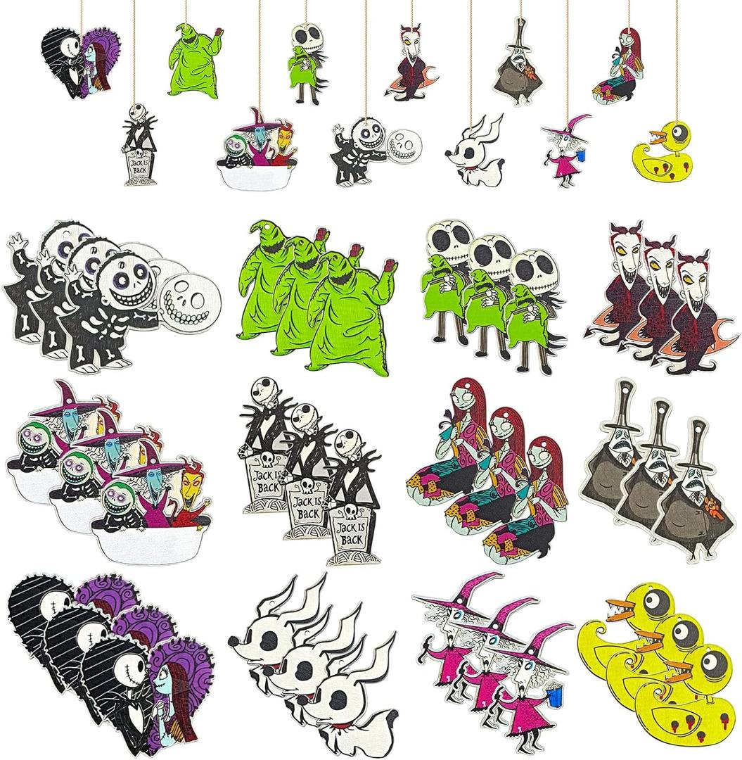 37 PCs Halloween Christmas Nightmare Ornaments Halloween Christmas Nightmare Wooden Hanging Ornament Decoration,Halloween Witch Pumpkin Nightmare Theme Party Decor Halloween Party Supplies