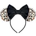 Leopard Print Mouse Ears Headband for Women, Black Fuzzy Bows Park Ears, Cute Hair Band